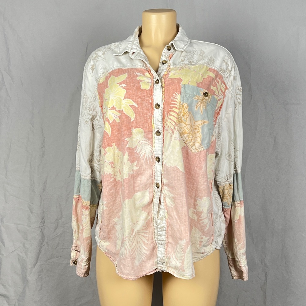 We The Free Top Medium Linen  Coral Tropical Boho Coastal Resory Patchwork Print